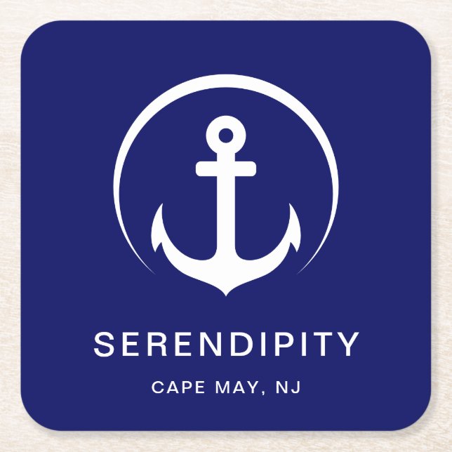 Porta-copo De Papel Quadrado Marinho de Monograma de Barcos Modernos Azul (Frente)