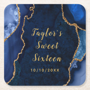 Porta-copo De Papel Quadrado Marinho e Agate Dourado Marble Sweet 16