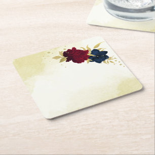 Porta-copo De Papel Quadrado marinho vermelho flores ouro folhas casamento