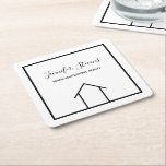 Porta-copo De Papel Quadrado Marketing de Casa Aberta Personalizado da Empresa<br><div class="desc">Esta porta copos moderna do corretor é personalizada com o nome da sua empresa real sob o nome do agente na tipografia quic. Esse design preto e branco minimalista apresenta um simples desenho de linha de uma casa. Excelente adicional para um agente ficar em uma casa aberta.</div>