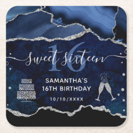 Porta-copo De Papel Quadrado Mármore Ágata Brilho Azul e Prata Doce 16