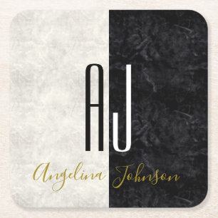 Porta-copo De Papel Quadrado Mármore preto e branco monograma