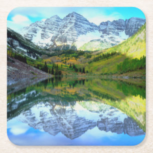 Porta-copo De Papel Quadrado Maroon Bells refletindo no Maroon Lake