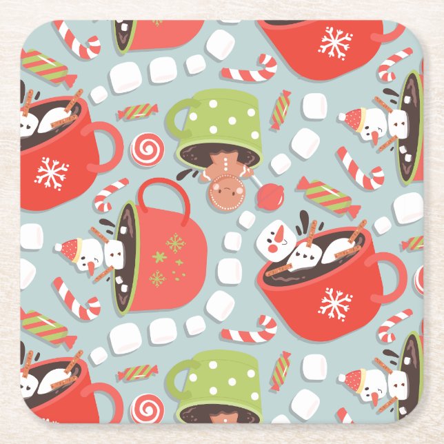 Porta-copo De Papel Quadrado Marshmallow Snowman Hot Cacau (Frente)