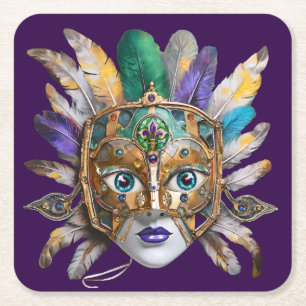 Porta-copo De Papel Quadrado Máscara de penas e metal do Mardi Gras