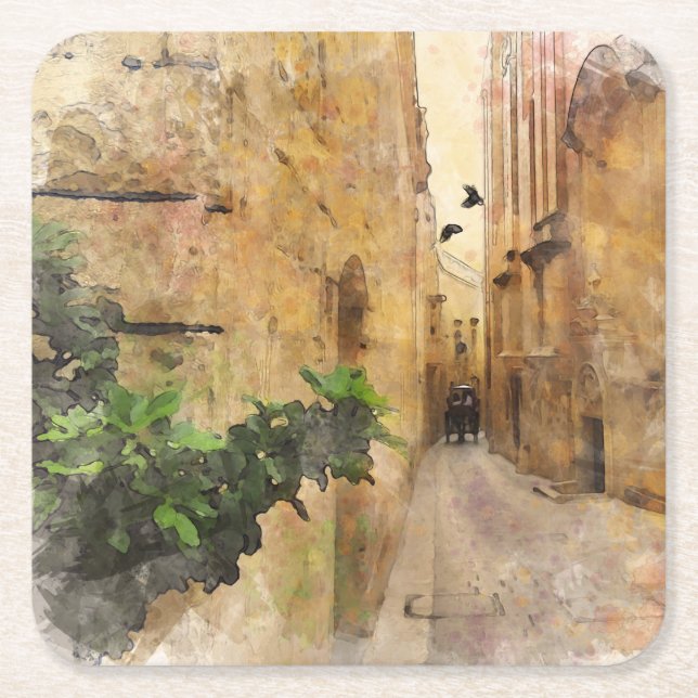 Porta-copo De Papel Quadrado Medieval Narrow Street Old Building Watercolor (Frente)