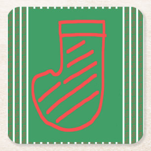 Porta-copo De Papel Quadrado Meia de Natal Vermelha Verde sobre Verde