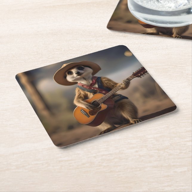 Porta-copo De Papel Quadrado Melodias da Savana A Meerkat Guitar Serenade, (Inclinado)