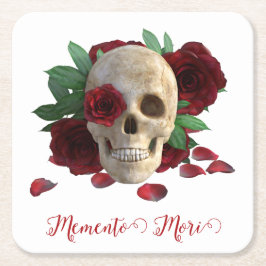 Porta-copo De Papel Quadrado Memento Mori. Caveira com rosas vermelhas