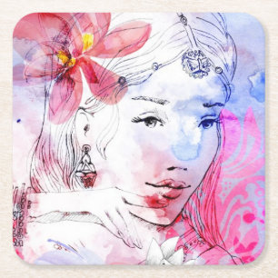 Porta-copo De Papel Quadrado Menina bonita com um buquê das flores