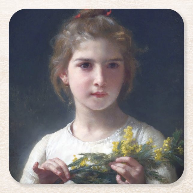 Porta-copo De Papel Quadrado Menina com Mimosa, Bouguereau (Frente)