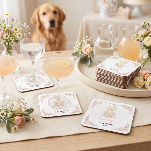 Porta-copo De Papel Quadrado Menina Dourada Baby Shower Floral Cachorro