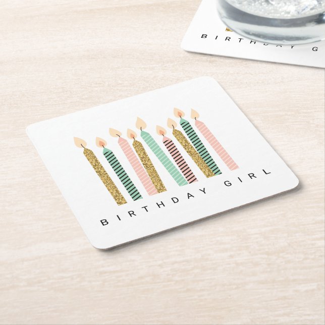 Porta-copo De Papel Quadrado Menina rosa Dourada Aniversário Feliz Aniversário  (Inclinado)