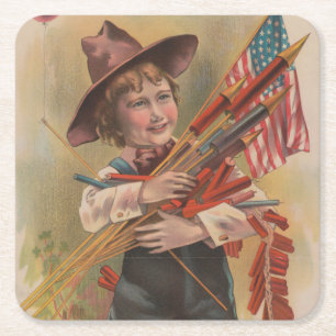 Porta-copo De Papel Quadrado Menino com Fogos de Artifício, Bandeira Americana,
