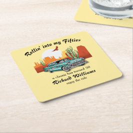 Porta-copo De Papel Quadrado Men's Retro Classic Blue Car Desert 50th Birthday