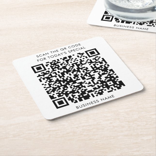Porta-copo De Papel Quadrado Menu Nome da empresa e Código QR (Inclinado)