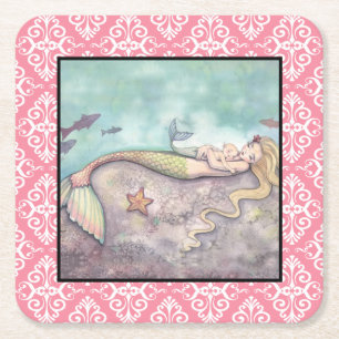 Porta-copo De Papel Quadrado Mermaid Mãe e Bebê Coasters para Chás de Bebê