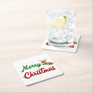 Porta-copo De Papel Quadrado Merry Christmas Flying Reindeer red green script