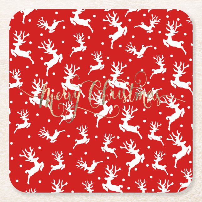 Porta-copo De Papel Quadrado Merry Christmas Reindeers Red (Frente)