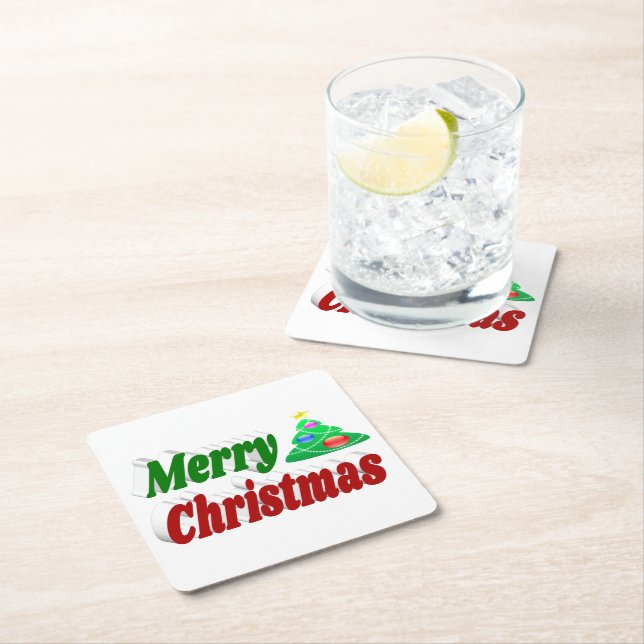 Porta-copo De Papel Quadrado Merry Christmas Tree red - Tpografia verde (Insitu)