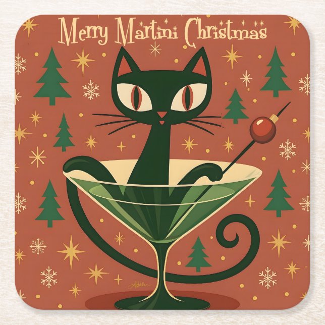 Porta-copo De Papel Quadrado Mid Century Black Cat Merry Martini Christmas (Frente)