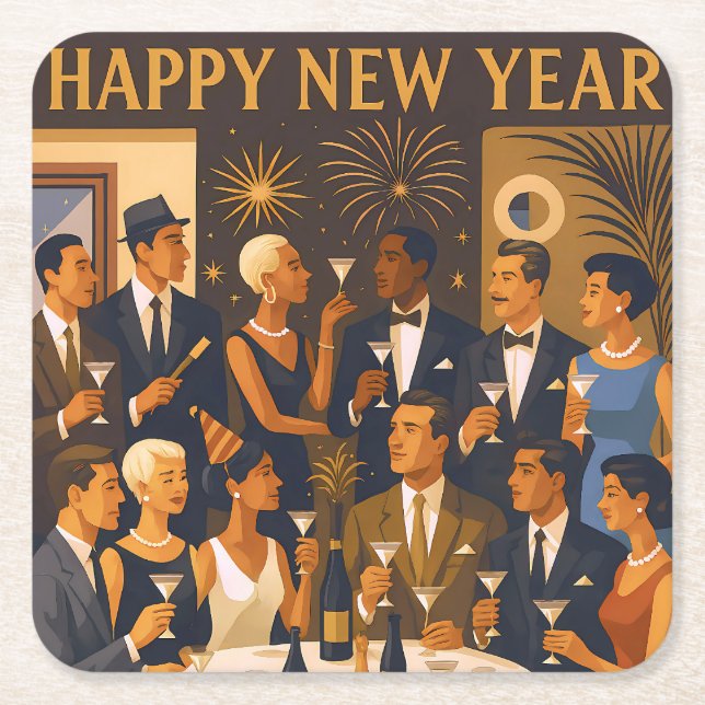 Porta-copo De Papel Quadrado Mid Century Modern Martini Intellectuals New Year (Frente)