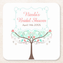 Porta-copo De Papel Quadrado Mint and Coral Floral Bird Bridal Shower 