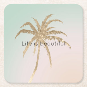 Porta-copo De Papel Quadrado Mint Cream Ombre Palmeiras Tropicais Douradas