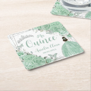 Porta-copo De Papel Quadrado Mint Green Floral Princess Silver Quinceañera