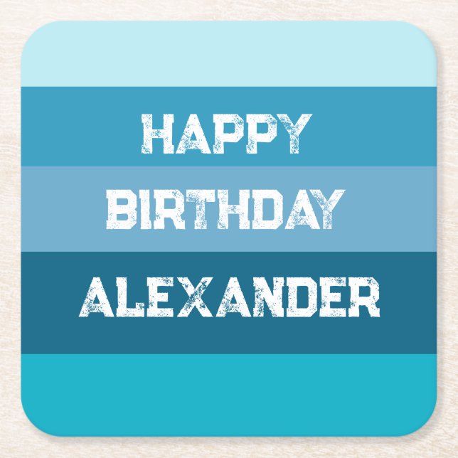 Porta-copo De Papel Quadrado Modelo de aniversário de stripes azuis (Frente)