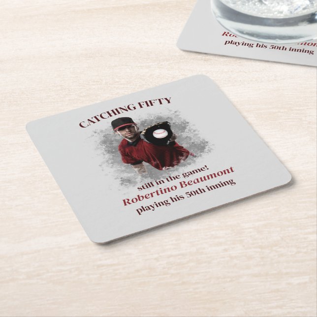 Porta-copo De Papel Quadrado Modern Baseball Catching Fifty Men's 50th Birthday (Inclinado)