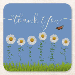 Porta-copo De Papel Quadrado Modern Blue Daisy Floral Obrigado Tipografia