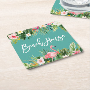 Porta-copo De Papel Quadrado Modern Brush Script Tropical Floral Beach House