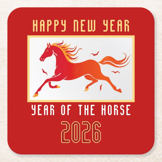Porta-copo De Papel Quadrado Modern Chinese Horse New Year 2026  (Frente)