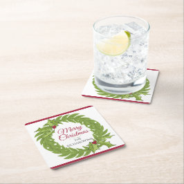 Porta-copo De Papel Quadrado Modern Green Wreath Merry Christmas Personalized