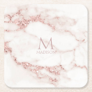 Porta-copo De Papel Quadrado Modern Marble Glitter Monograma Rosa Dourado ID816