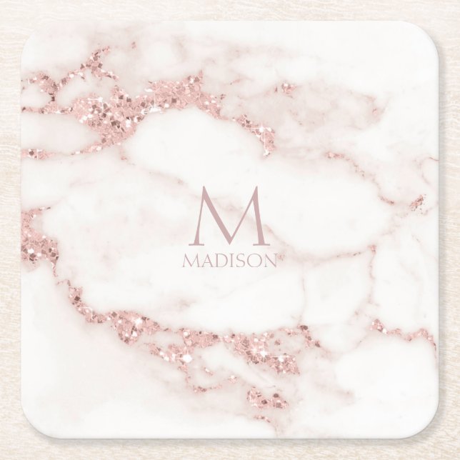 Porta-copo De Papel Quadrado Modern Marble Glitter Monograma Rosa Dourado ID816 (Frente)