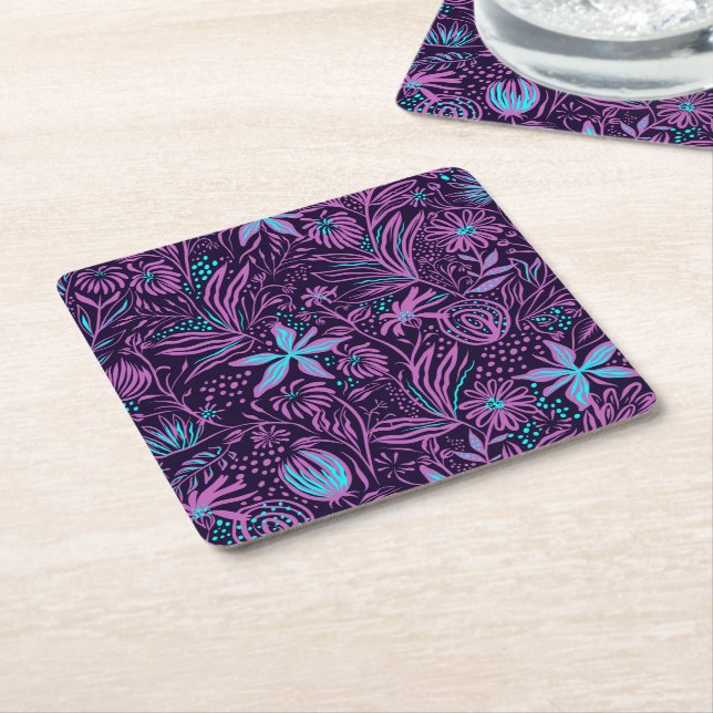 Porta-copo De Papel Quadrado Modern Neon Purple Floral Pattern (Inclinado)