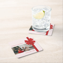 Porta-copo De Papel Quadrado Modern Red & Pink Ribbon Bow Wrap Photo Christmas
