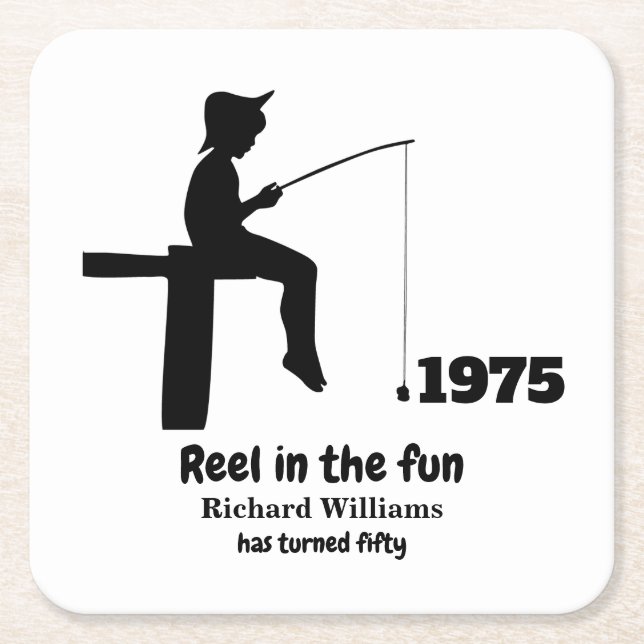 Porta-copo De Papel Quadrado Modern Reel no Divertido Pescador 50º Aniversário (Frente)