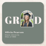 Porta-copo De Papel Quadrado Modern Sage Green & Pink Arch Photo Graduation<br><div class="desc">These custom paper coasters are perfect for graduation open houses, brunch celebrations, or evening receptions. Featuring a trendy sage green and blush pink background, and a unique arch-shaped photo frame within the "GRAD" typography, these coasters make a stylish addition to your big day. Simply upload a favorite photo, and enter...</div>