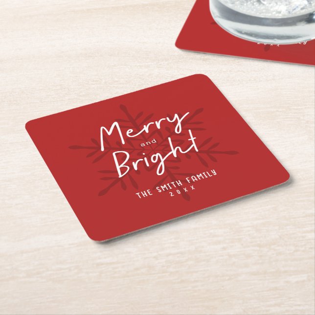 Porta-copo De Papel Quadrado Modern Script Merry & Bright Snowflakes Christmas (Inclinado)
