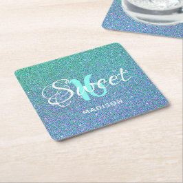 Porta-copo De Papel Quadrado Modern Sweet 16 Teal Blue Glitter Personalizado