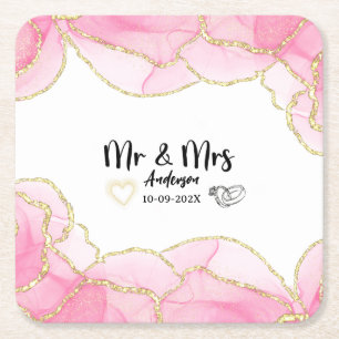 Porta-copo De Papel Quadrado Moderno Rosa e Dourado Senhor e Senhora