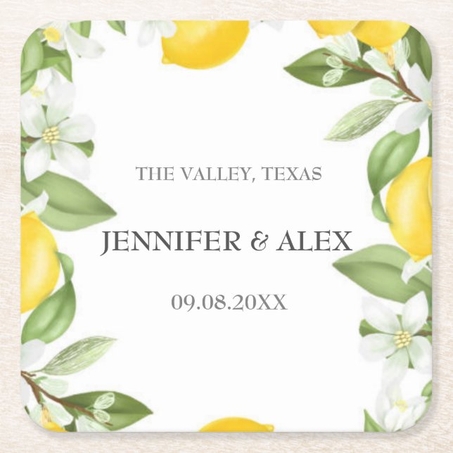 Porta-copo De Papel Quadrado Moderno Russo Limões Personalizados Boho Dão Casam (Frente)