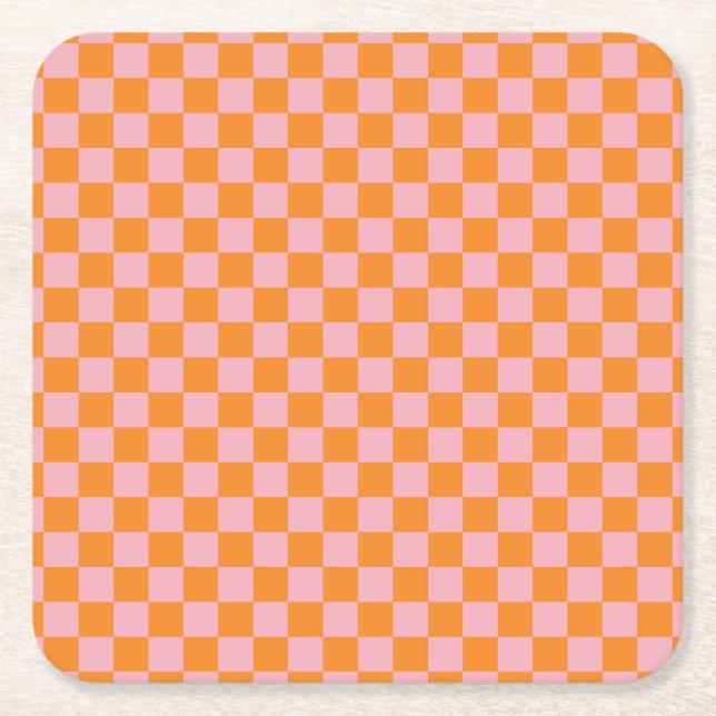 Porta-copo De Papel Quadrado Modernos Verificadores Laranja e Rosa Halloween (Frente)
