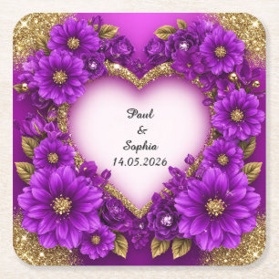 Porta-copo De Papel Quadrado Moldura de Coração Roxo com Brilho e Flores
