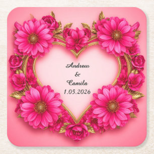 Porta-copo De Papel Quadrado Moldura de Flor em Forma de Coração com Flores Ros