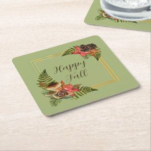 Porta-copo De Papel Quadrado Moldura de natureza de outono com texto personaliz