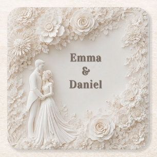 Porta-copo De Papel Quadrado 🤍 Moldura de Silhueta de Casamento Floral Marfim�